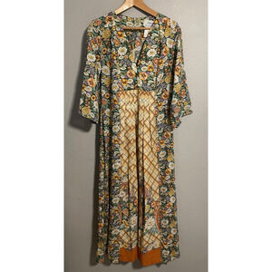 Vintage Tiffany Loungewear Dress Womens 15/16 Green Floral Lounge Caftan 70s